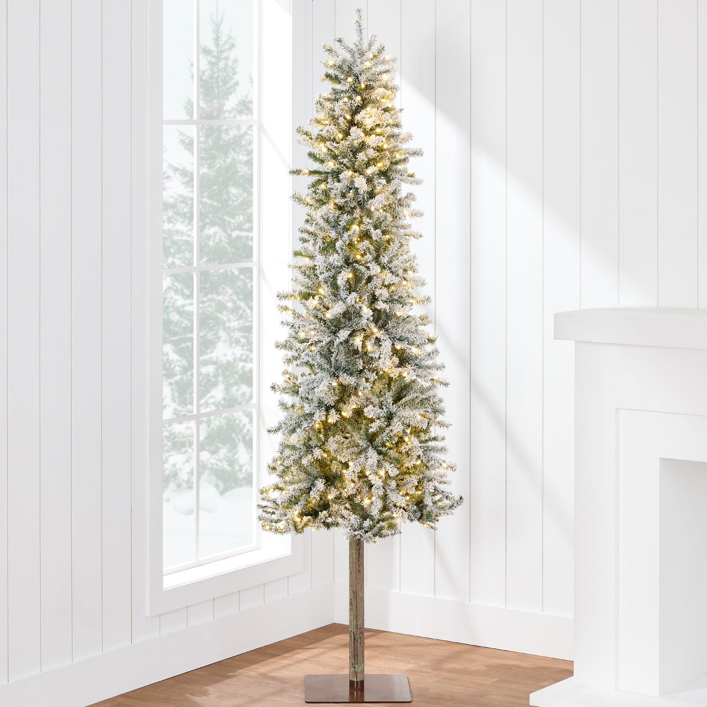 Pre-Lit Flocked Alpine Slim Pencil Christmas Tree w/ LED Lights Stand