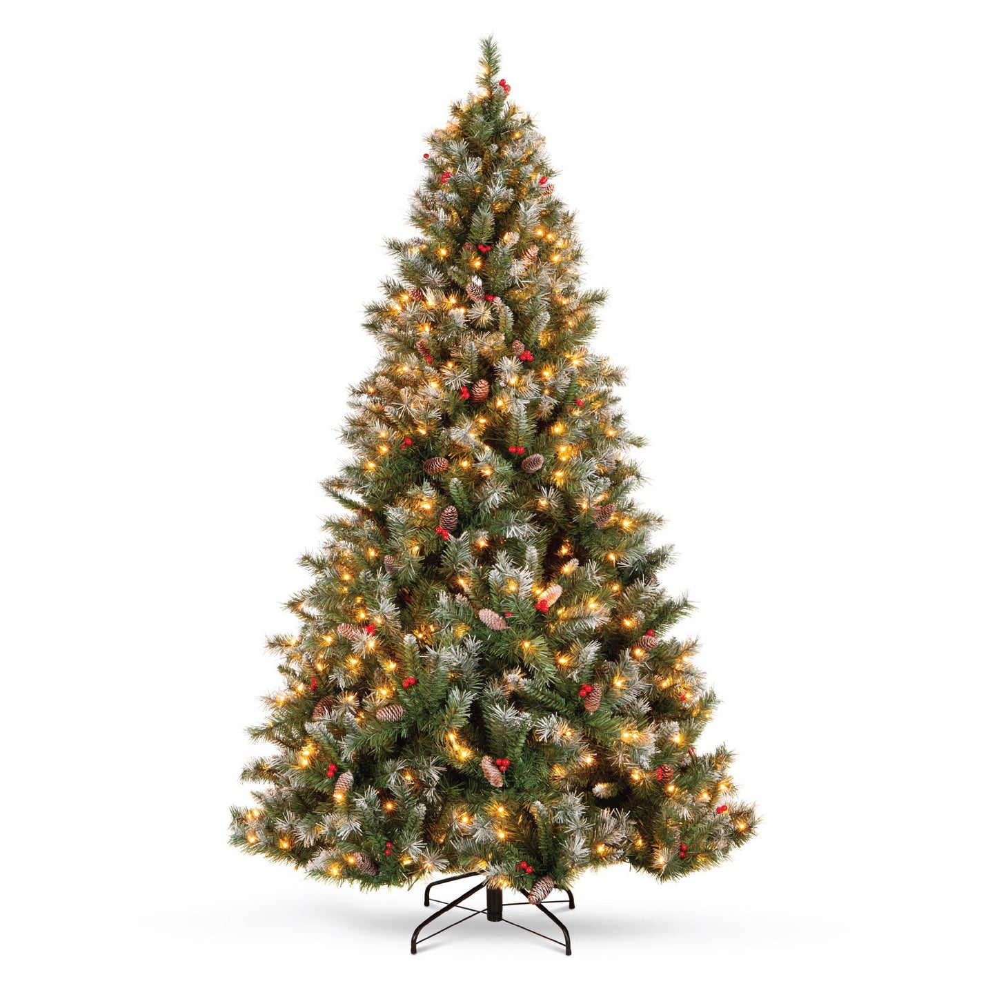 Pre-Lit Christmas Pine Tree w/ Pine Cones Flocked Branch Tips Berries