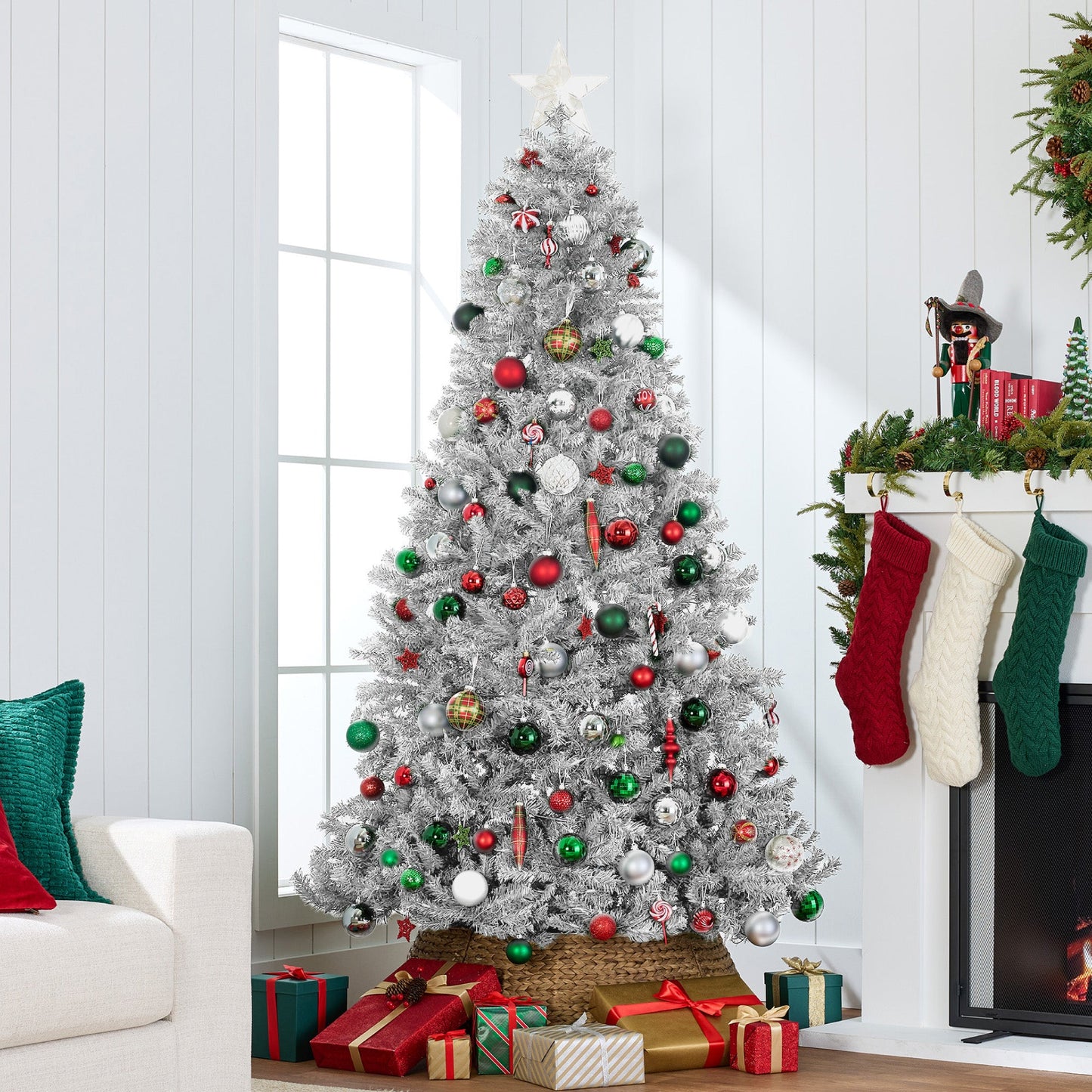 Pre-Lit Artificial White Spruce Christmas Tree w/Easy Assembly