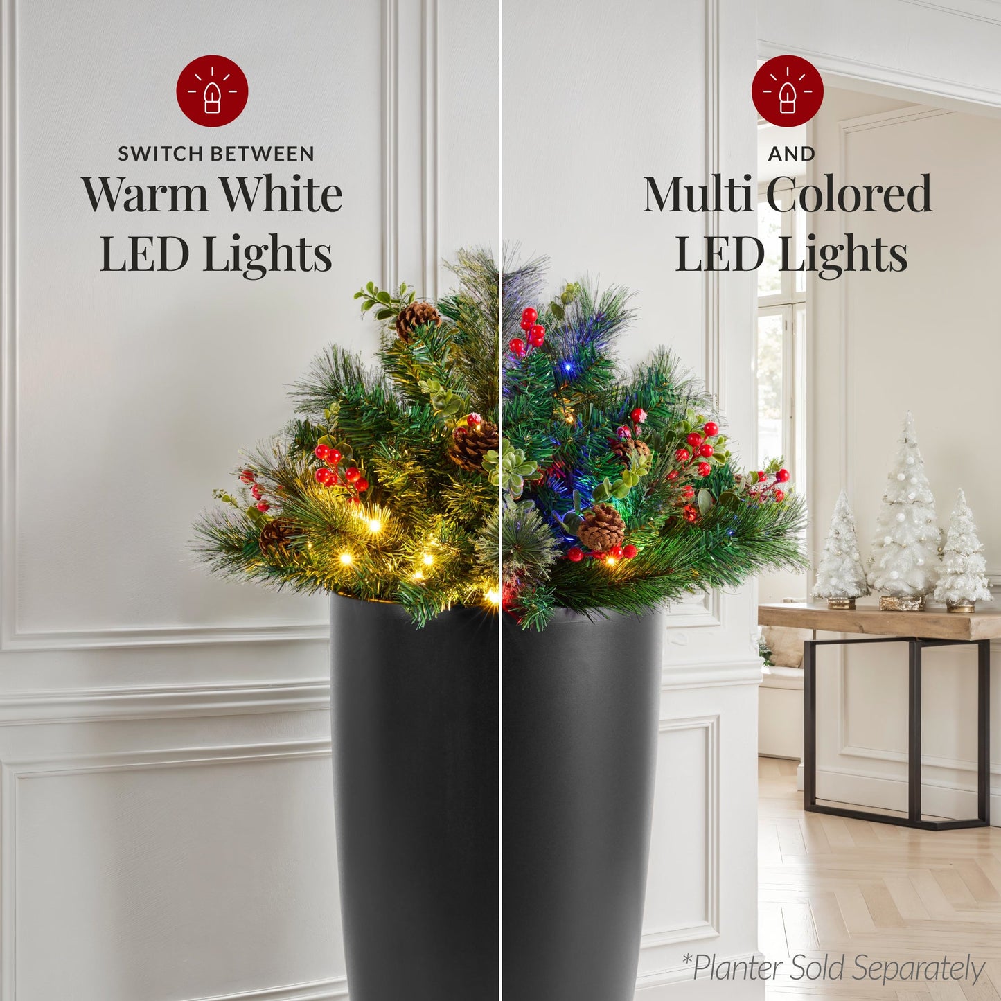 Pre-Lit Christmas Urn Filler White & Multi LED Lights 26\" Diameter