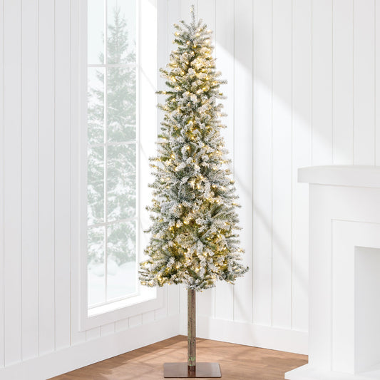 Pre-Lit Flocked Alpine Slim Pencil Christmas Tree w/ LED Lights Stand