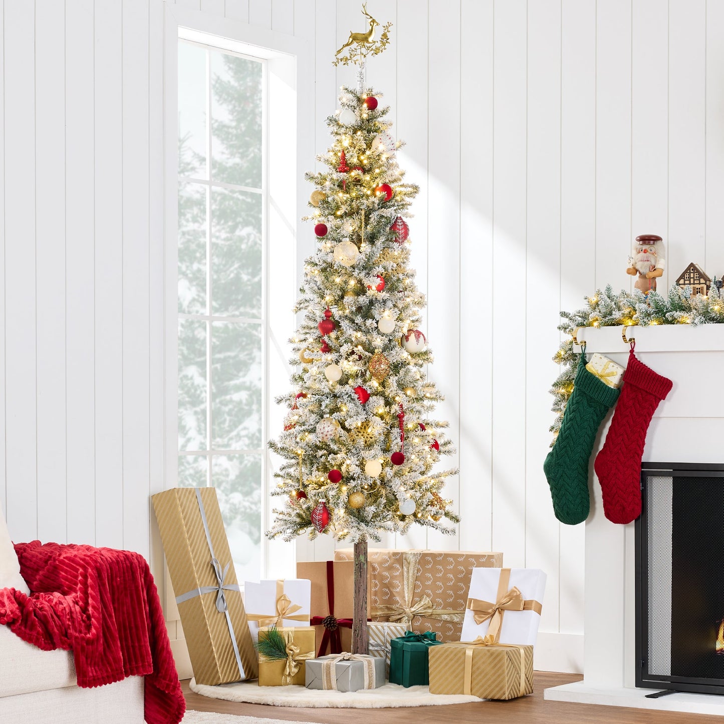 Pre-Lit Flocked Alpine Slim Pencil Christmas Tree w/ LED Lights Stand