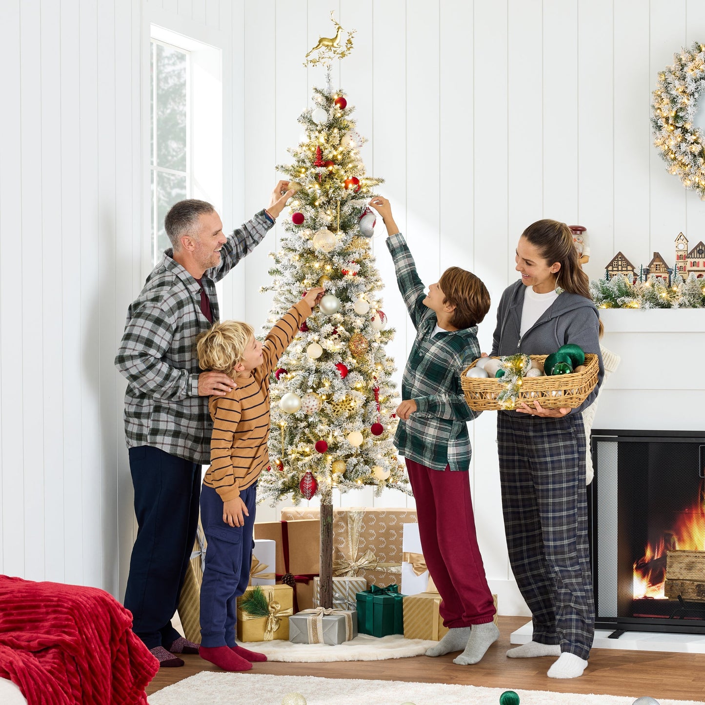 Pre-Lit Flocked Alpine Slim Pencil Christmas Tree w/ LED Lights Stand