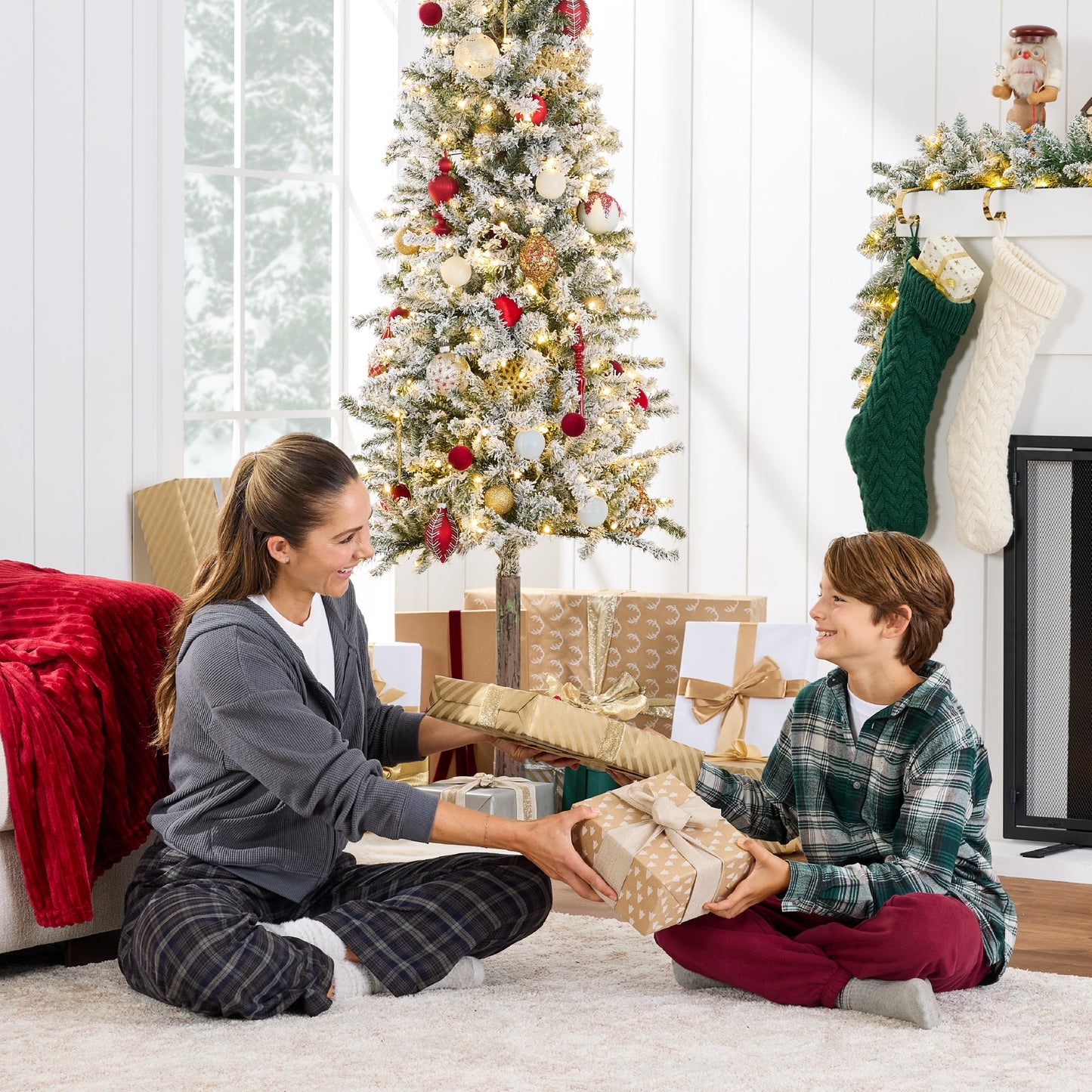 Pre-Lit Flocked Alpine Slim Pencil Christmas Tree w/ LED Lights Stand