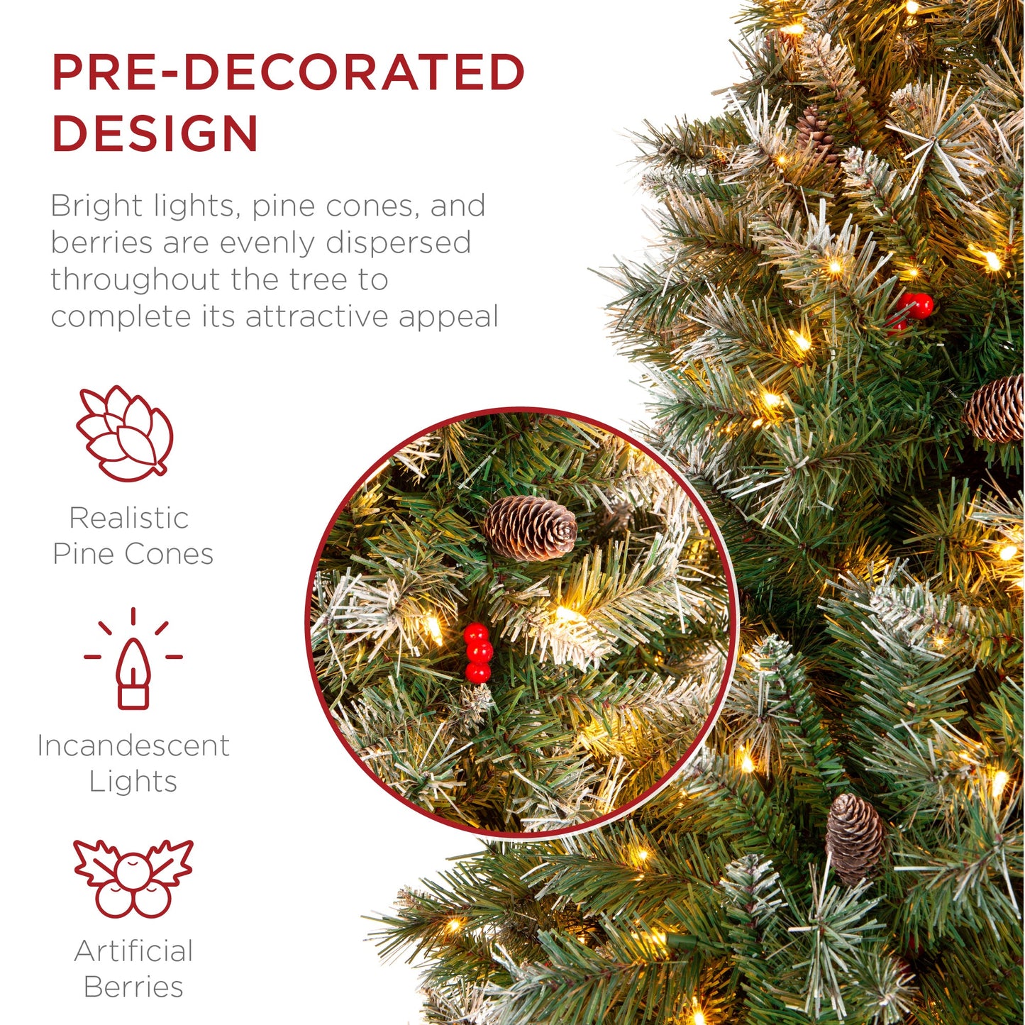 Pre-Lit Christmas Pine Tree w/ Pine Cones Flocked Branch Tips Berries
