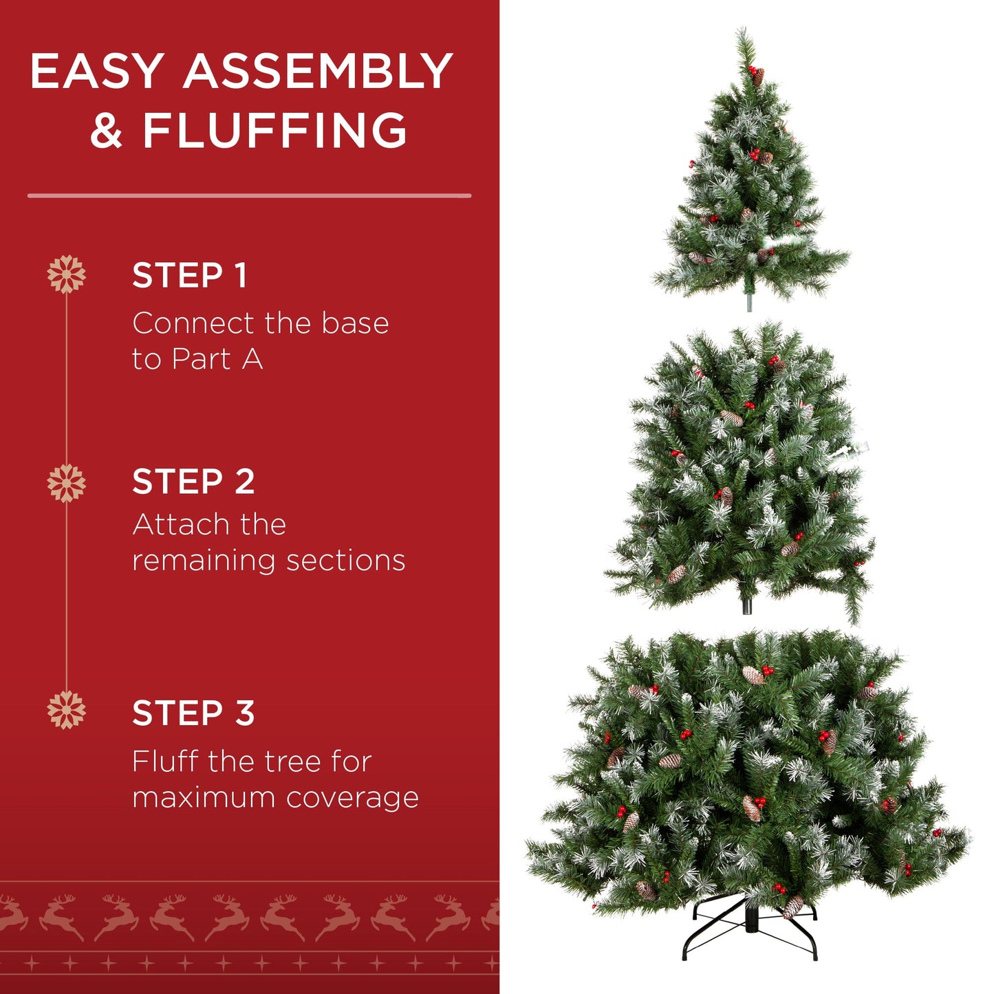 Pre-Lit Christmas Pine Tree w/ Pine Cones Flocked Branch Tips Berries