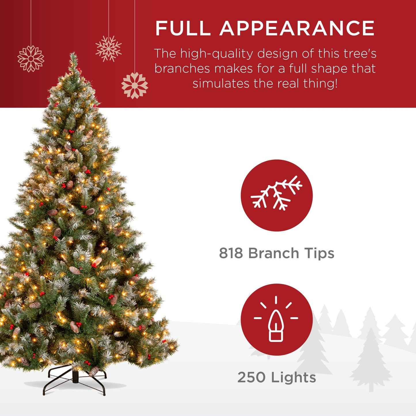 Pre-Lit Christmas Pine Tree w/ Pine Cones Flocked Branch Tips Berries