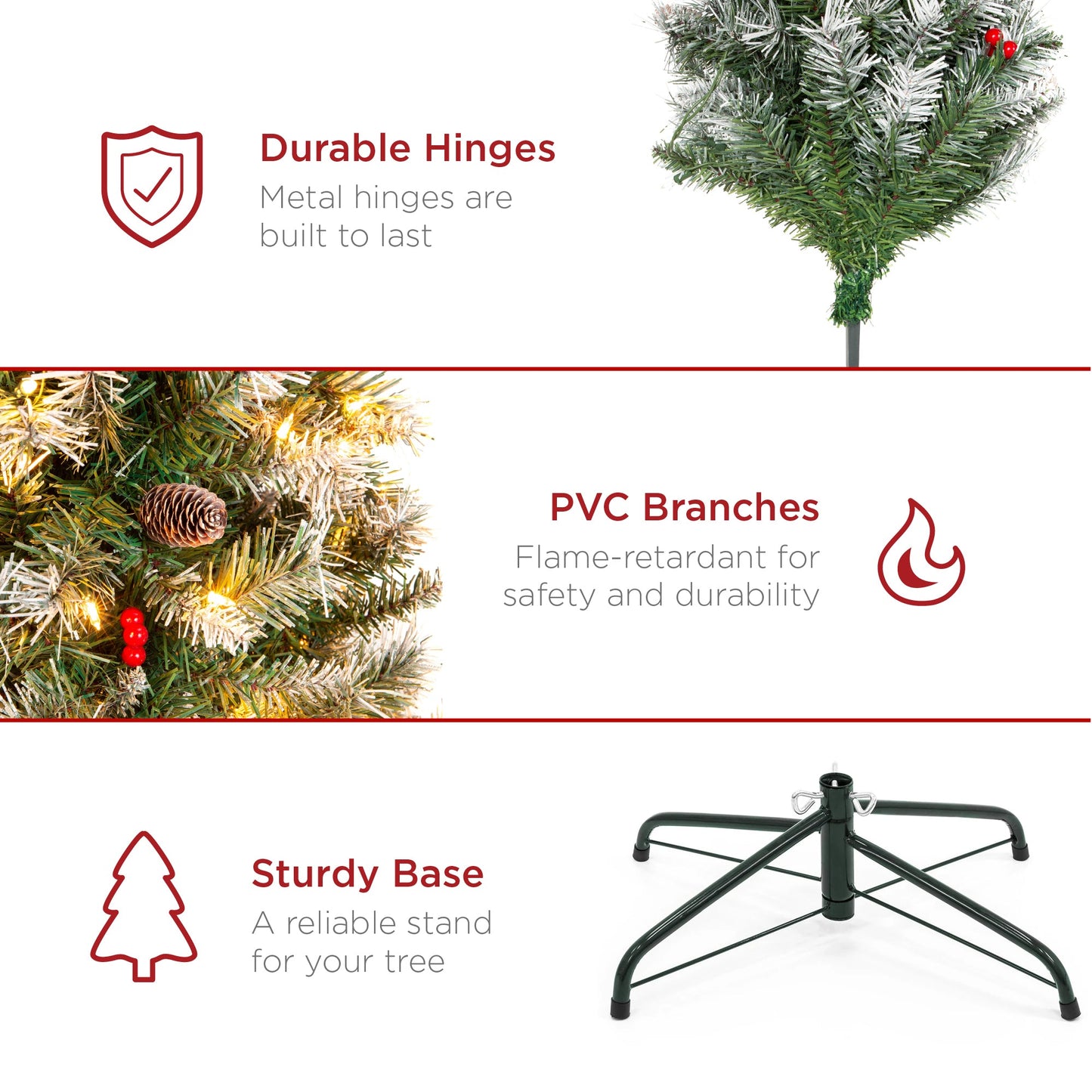 Pre-Lit Christmas Pine Tree w/ Pine Cones Flocked Branch Tips Berries