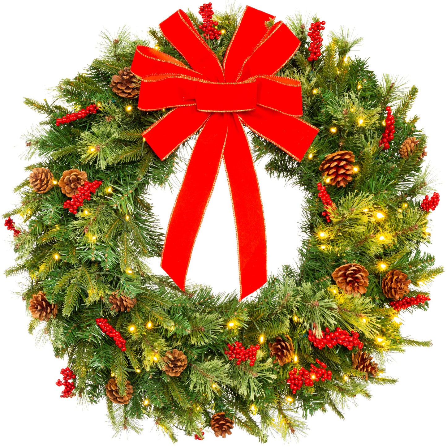 Pre-Lit Battery Powered Christmas Wreath w/ Lights PVC Tips Ribbon