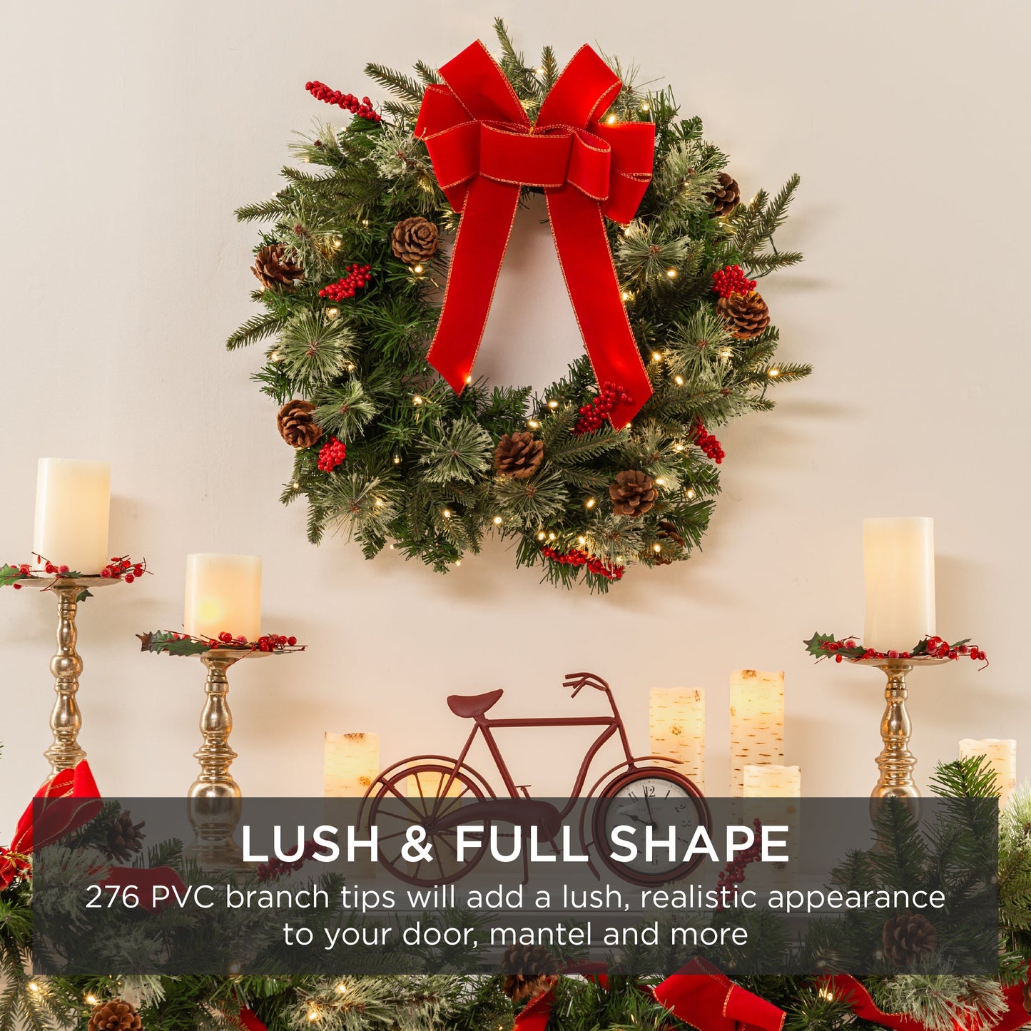 Pre-Lit Battery Powered Christmas Wreath w/ Lights PVC Tips Ribbon