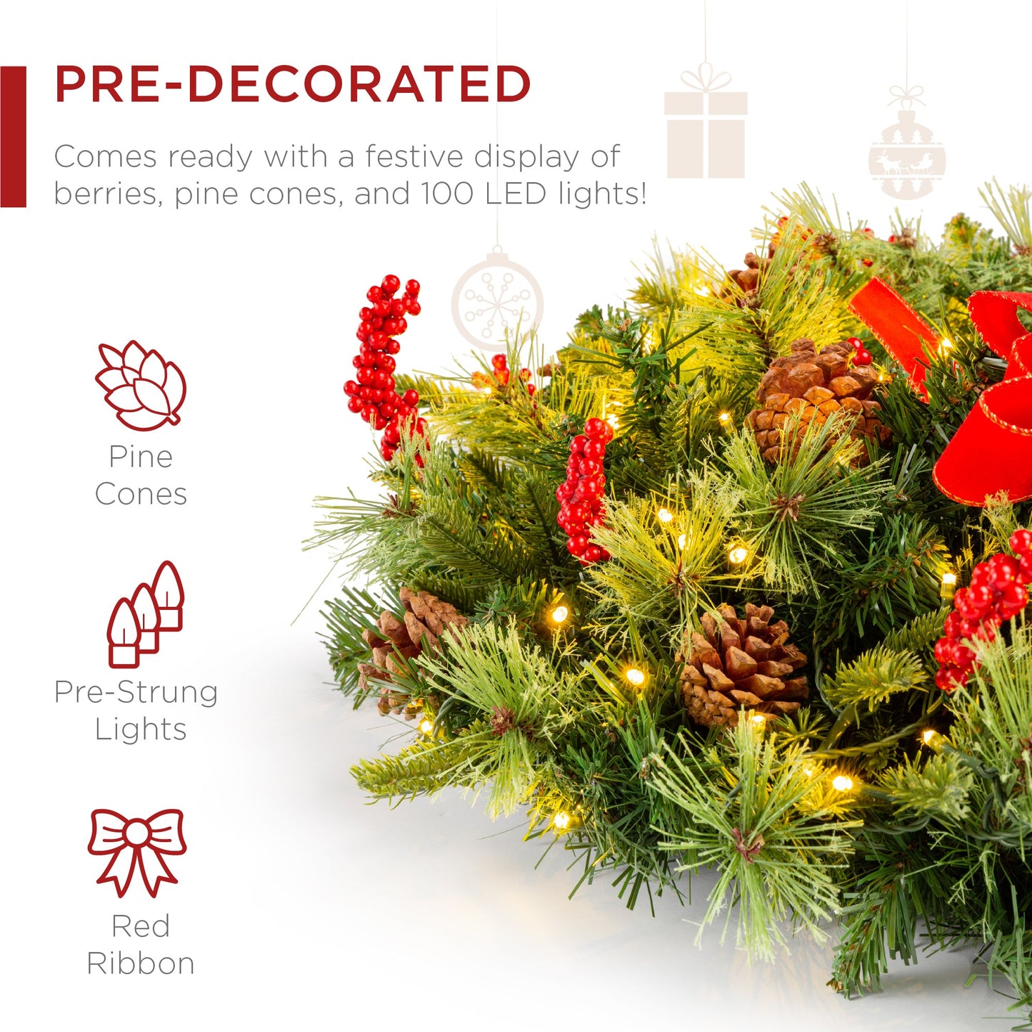 Pre-Lit Battery Powered Christmas Wreath w/ Lights PVC Tips Ribbon