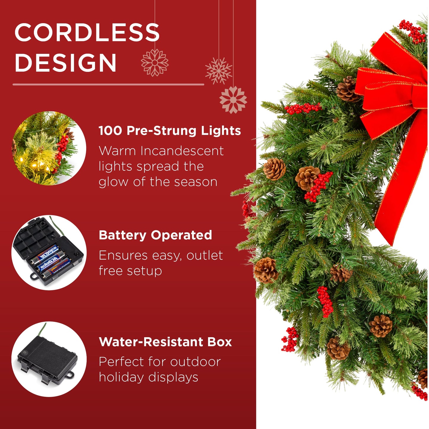 Pre-Lit Battery Powered Christmas Wreath w/ Lights PVC Tips Ribbon