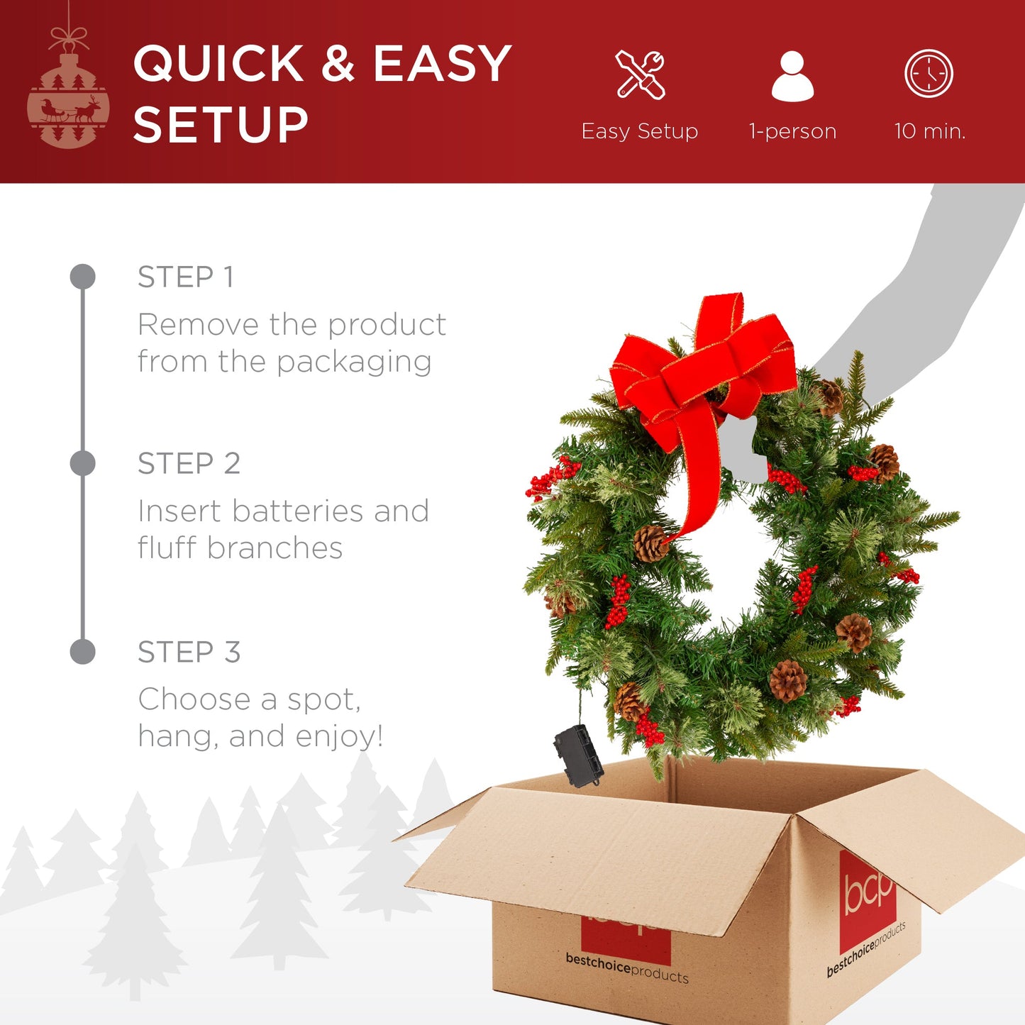 Pre-Lit Battery Powered Christmas Wreath w/ Lights PVC Tips Ribbon