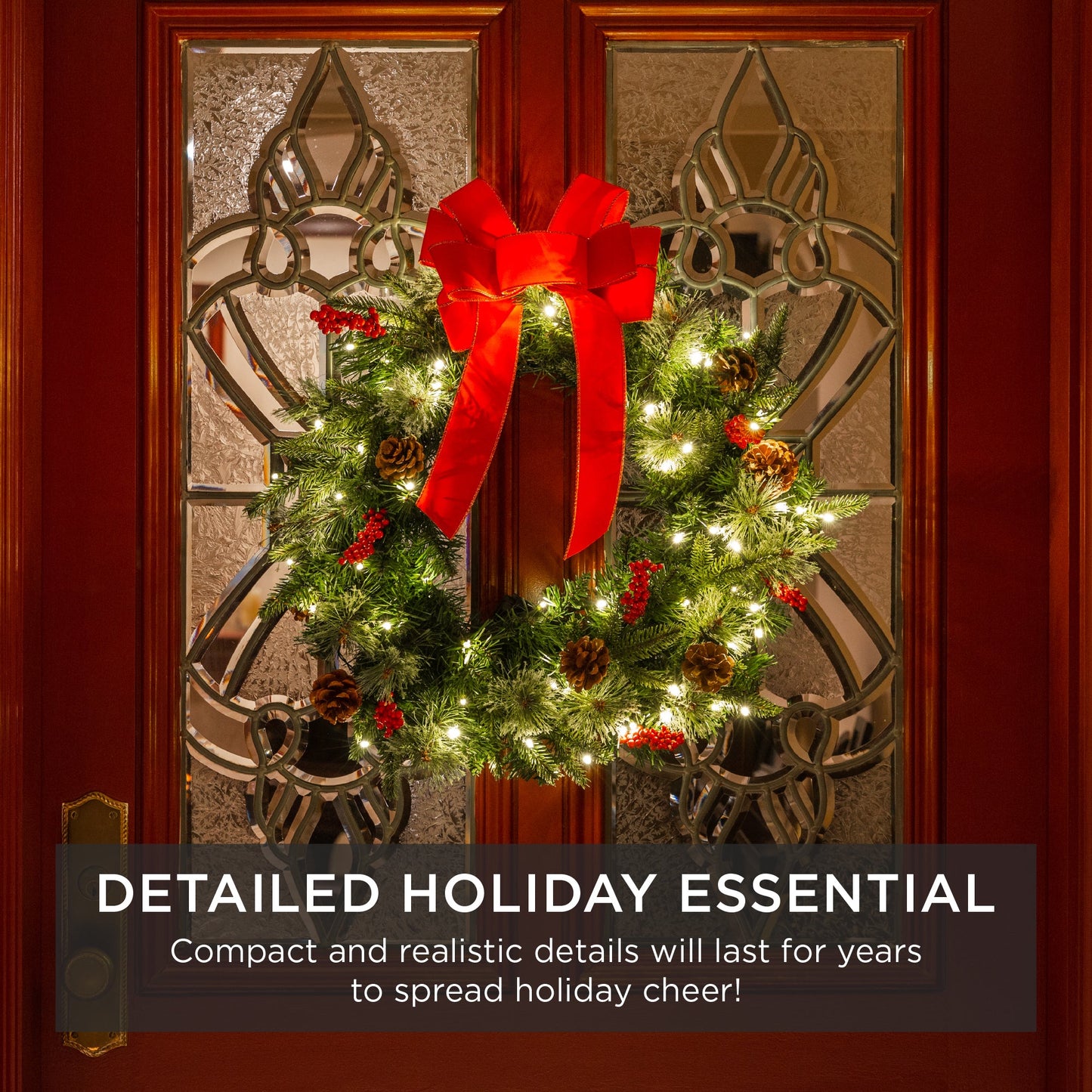 Pre-Lit Battery Powered Christmas Wreath w/ Lights PVC Tips Ribbon