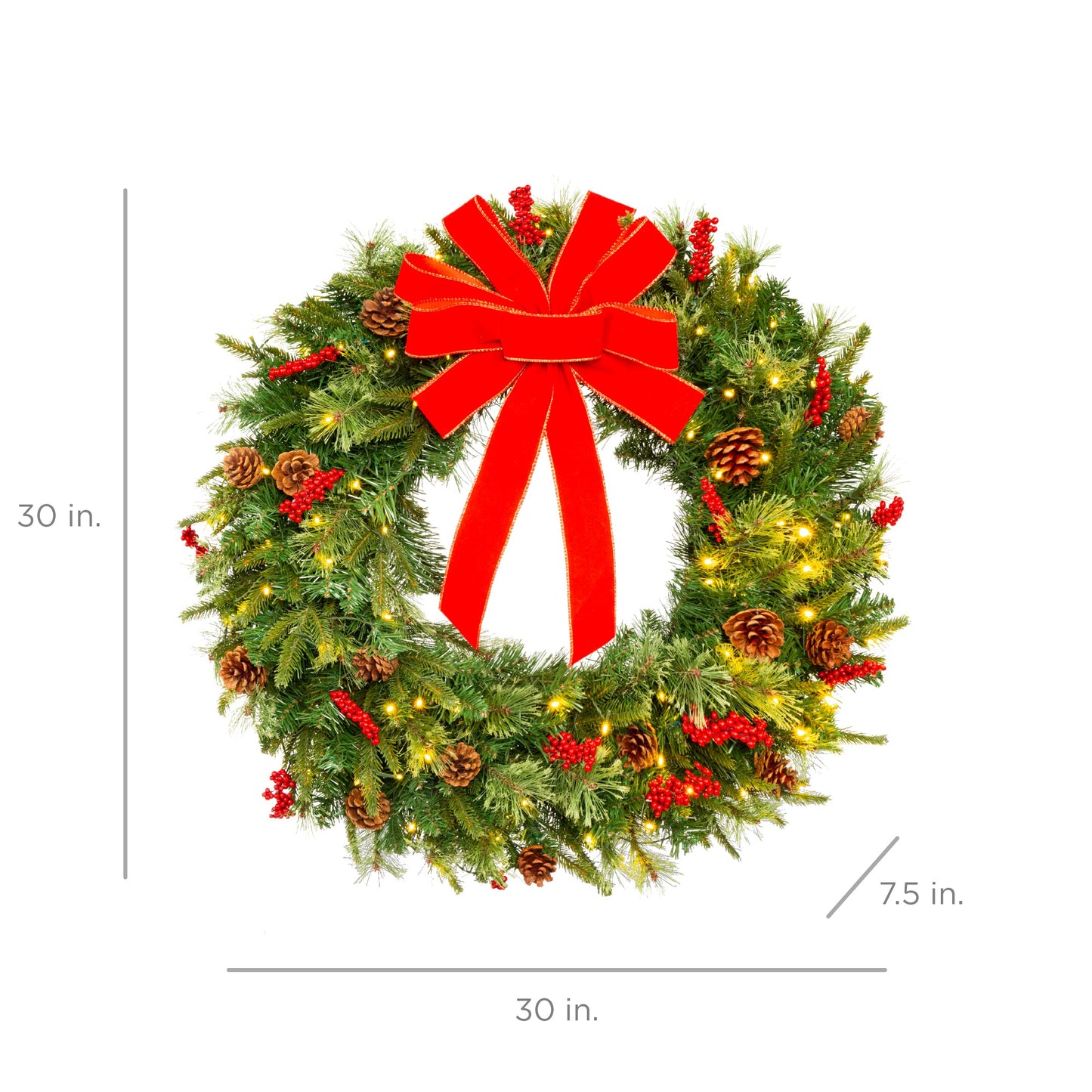 Pre-Lit Battery Powered Christmas Wreath w/ Lights PVC Tips Ribbon