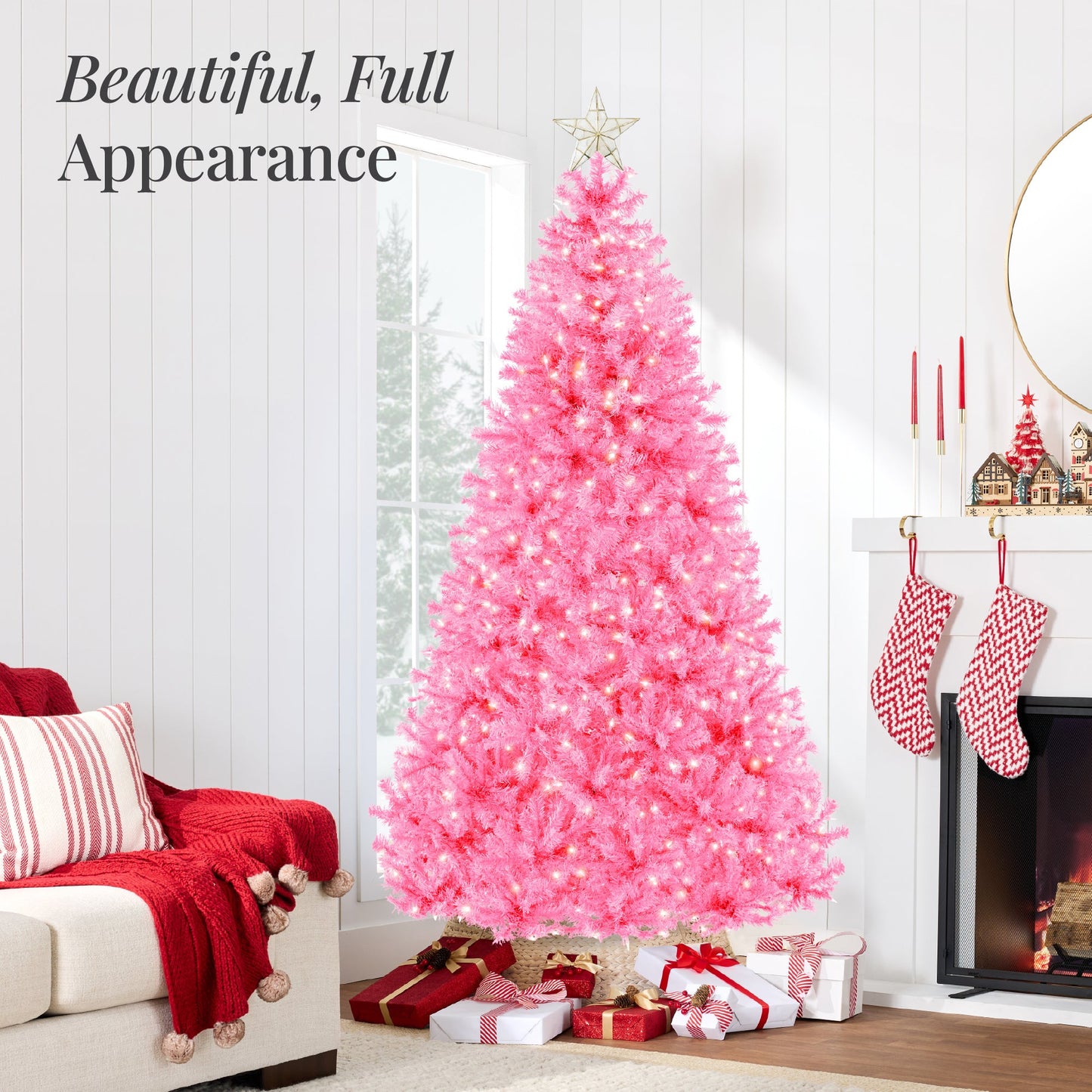 Pre-Lit Artificial Pink Christmas Tree w/ Incandescent Lights Metal Stand
