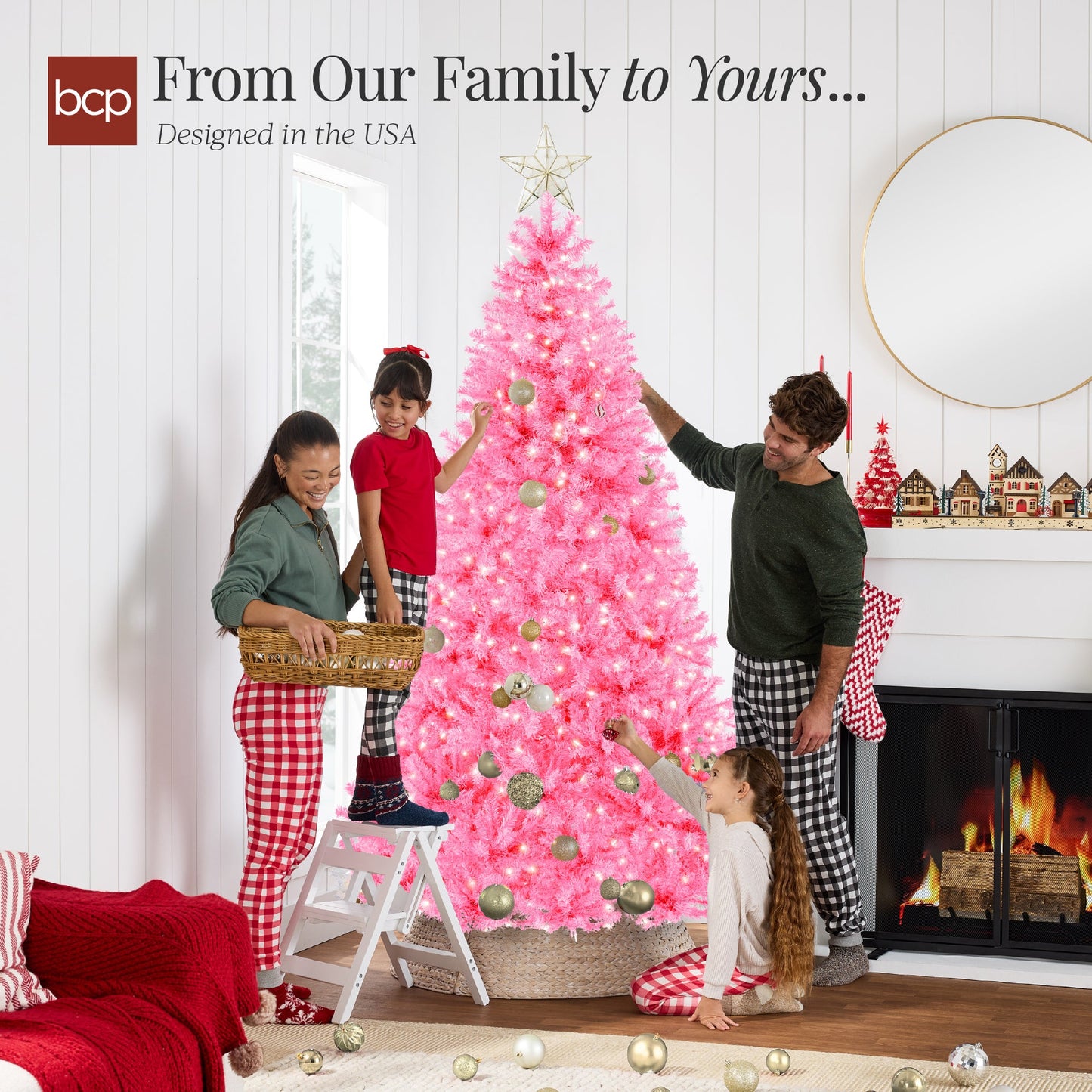 Pre-Lit Artificial Pink Christmas Tree w/ Incandescent Lights Metal Stand