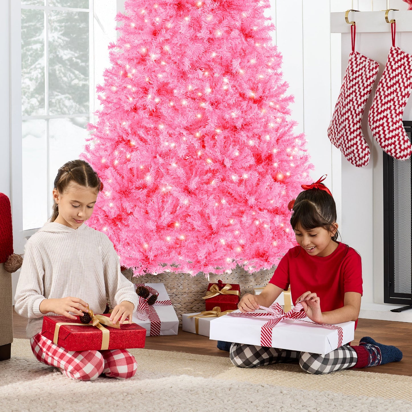 Pre-Lit Artificial Pink Christmas Tree w/ Incandescent Lights Metal Stand