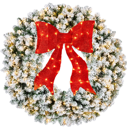 Pre-Lit Flocked Artificial Fir Christmas Wreath w/ Red Bow LED Lights