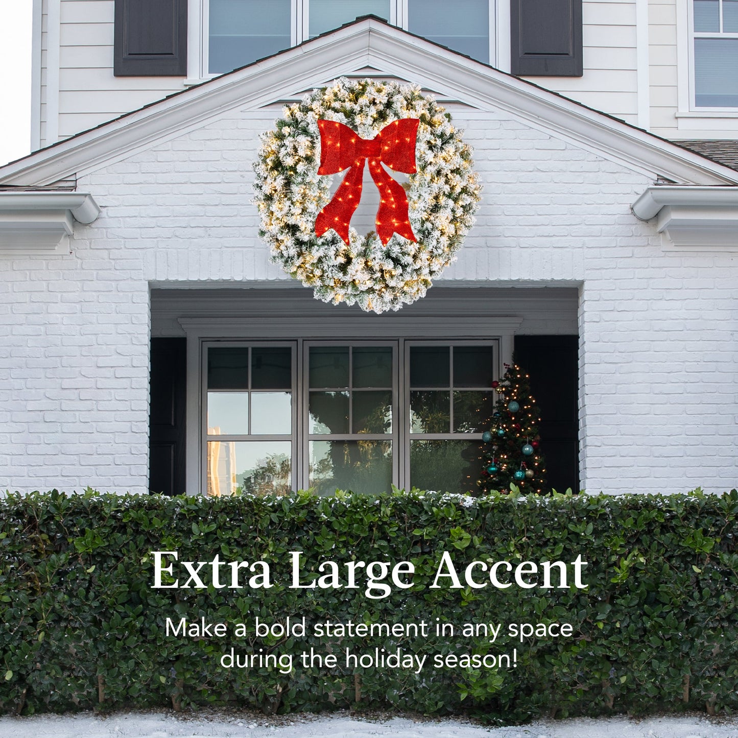 Pre-Lit Flocked Artificial Fir Christmas Wreath w/ Red Bow LED Lights