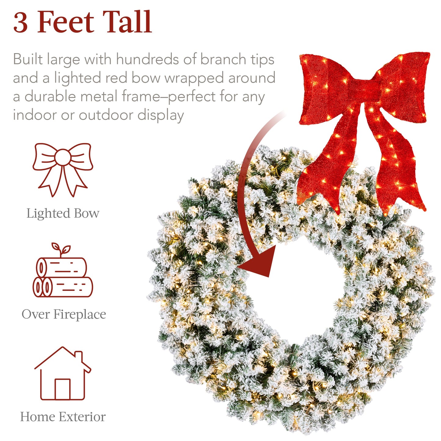 Pre-Lit Flocked Artificial Fir Christmas Wreath w/ Red Bow LED Lights