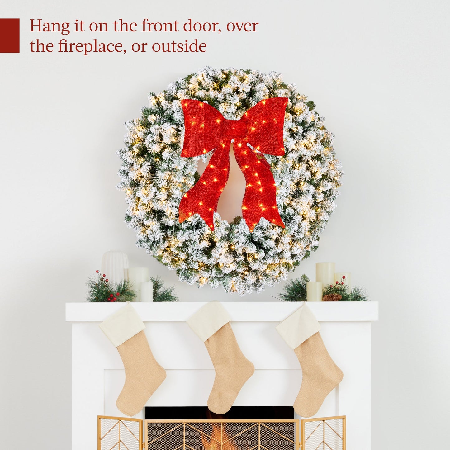 Pre-Lit Flocked Artificial Fir Christmas Wreath w/ Red Bow LED Lights