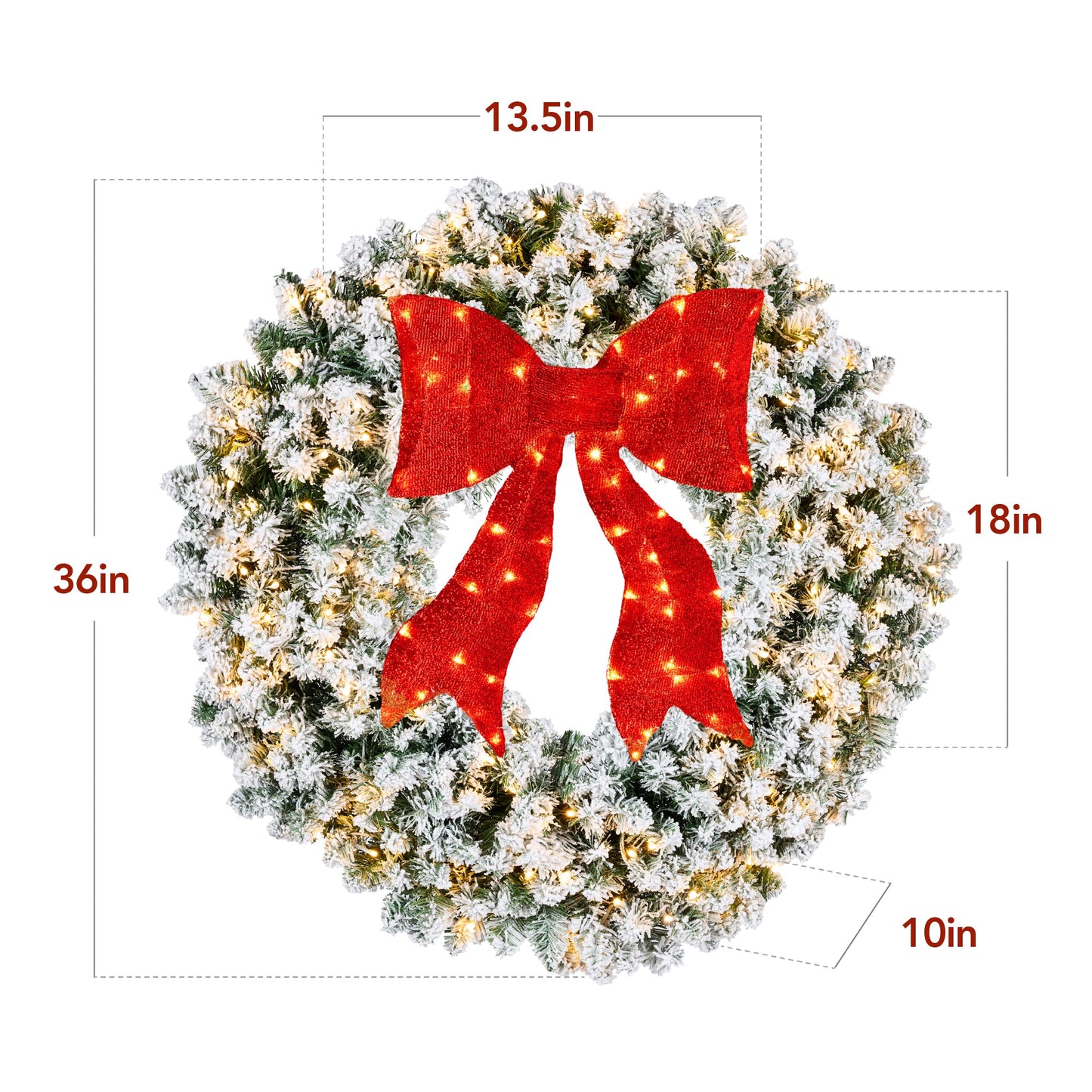 Pre-Lit Flocked Artificial Fir Christmas Wreath w/ Red Bow LED Lights