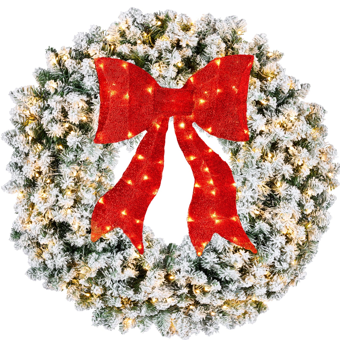 Pre-Lit Flocked Artificial Fir Christmas Wreath w/ Red Bow LED Lights